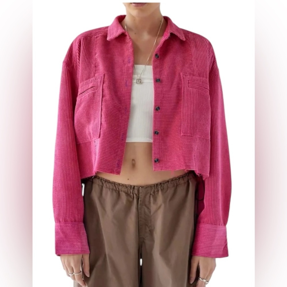 Urban Outfitters BDG Rodney Hot Pink Corduroy Cropped Button-Down Shirt Jacket